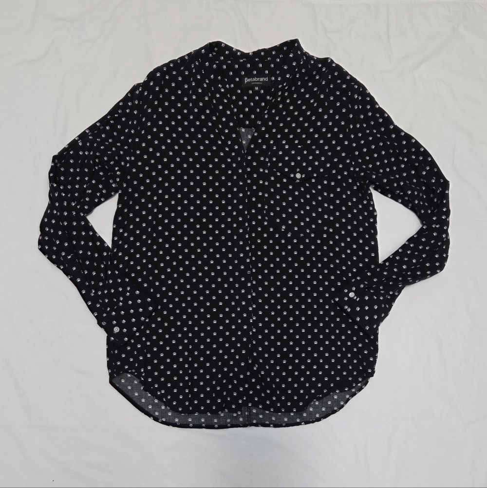 Betabrand Mini Paw Print Rayon Button Down Boyfriend Top M